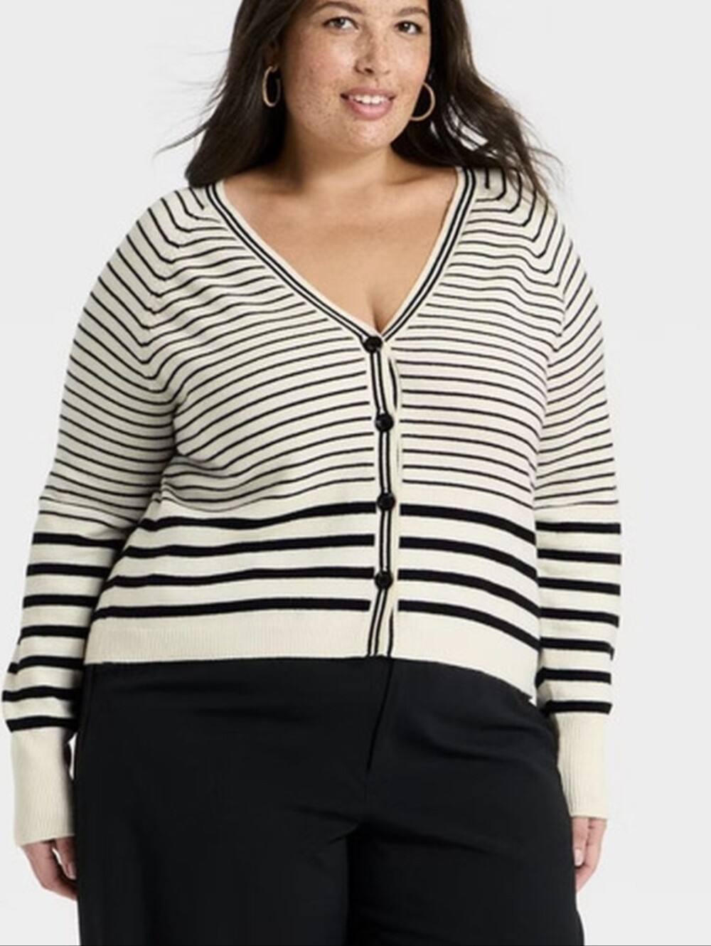 a new day Striped V-Neck Button Cardigan Sweater - Black & Cream Plus Sz 3X NWT